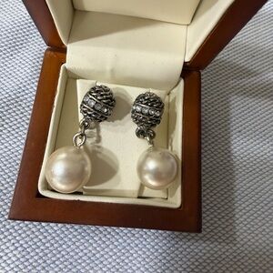 Pearl Drop Earrings with Crystal-Accented Silver Tops